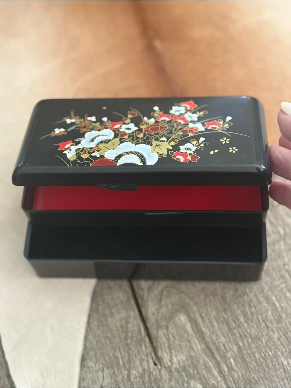 Vintage Asian Black Floral Lacquered Jewelry Box